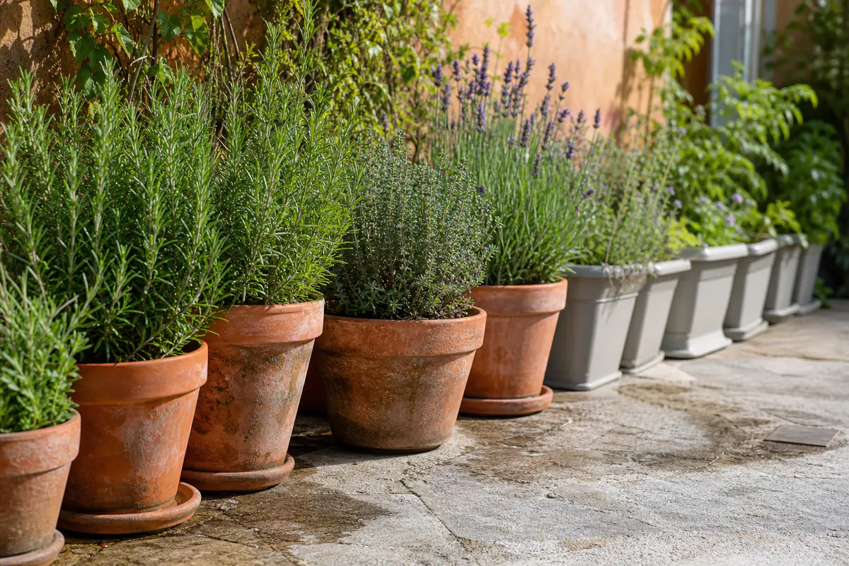 Pots en terre cuite et bacs en plastique clair alignés sur une terrasse, plantés d’aromatiques