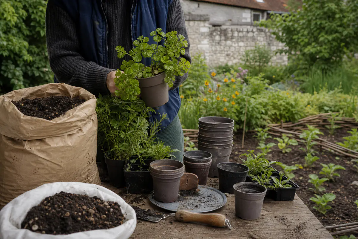 Jardinier triant des plantes en pots, terreau et contenants réemployables sur une table de jardin en bois
