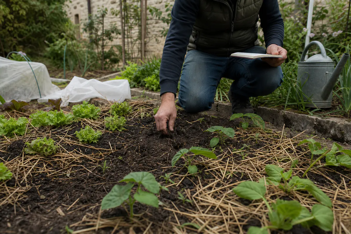 Jardinier observant un jeune potager après la pluie, avec paillage, voile de protection et carnet ouvert