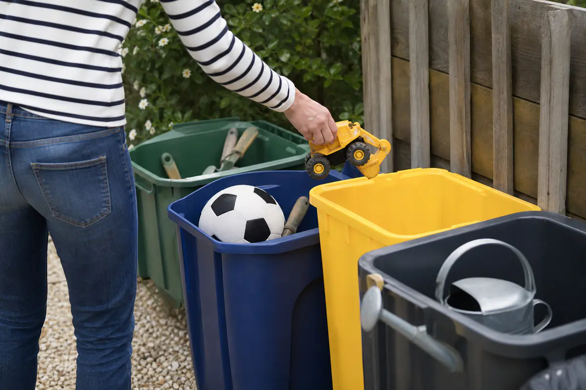 Tri de jouets, ballon, outils manuels et arrosoir devant des bennes de collecte en déchetterie