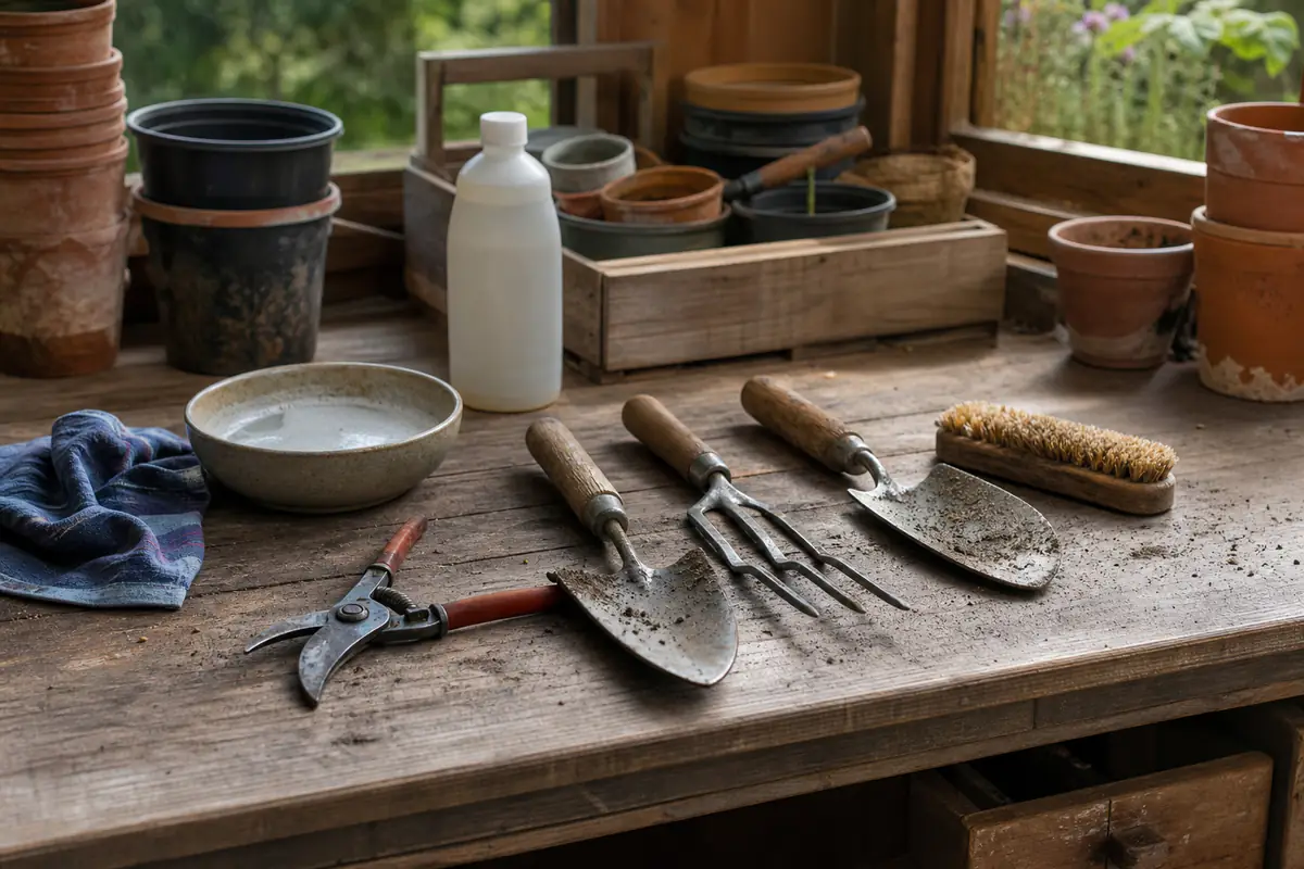 Outils de jardin propres et secs posés sur un établi en bois dans un abri de jardin lumineux