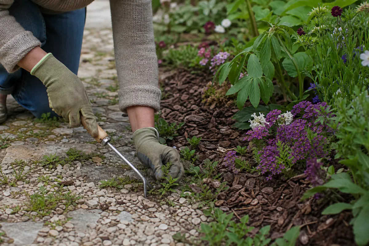 Jardinier arrachant des mauvaises herbes entre des pavés, près d’un massif paillé et fleuri sans produit