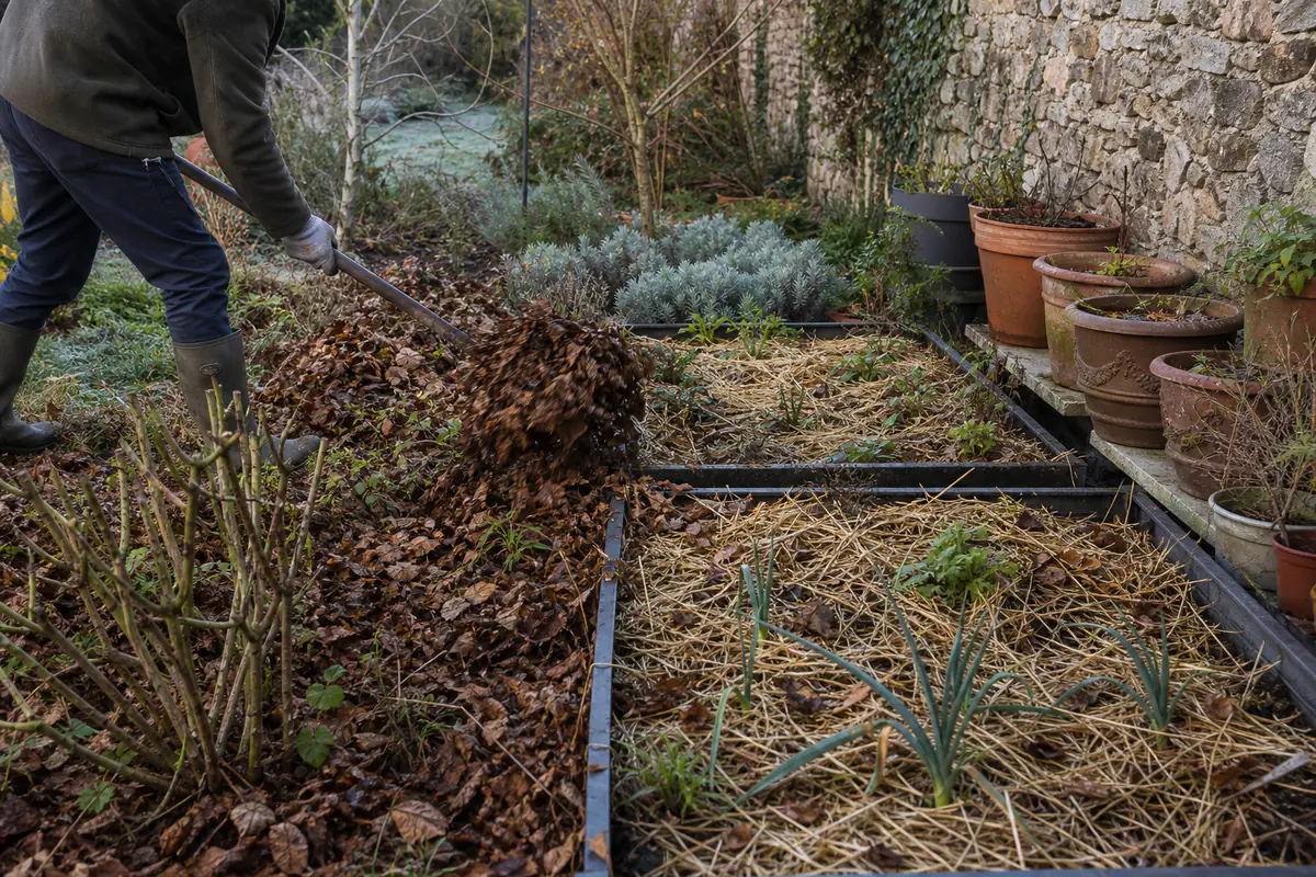 Jardin français en automne avec massifs paillés, pots regroupés près d’un mur et feuilles broyées au sol