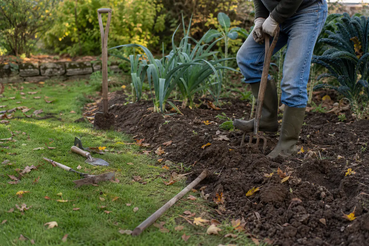 Jardinier utilisant une fourche-bêche dans un potager entouré de feuilles d’automne et d’outils manuels
