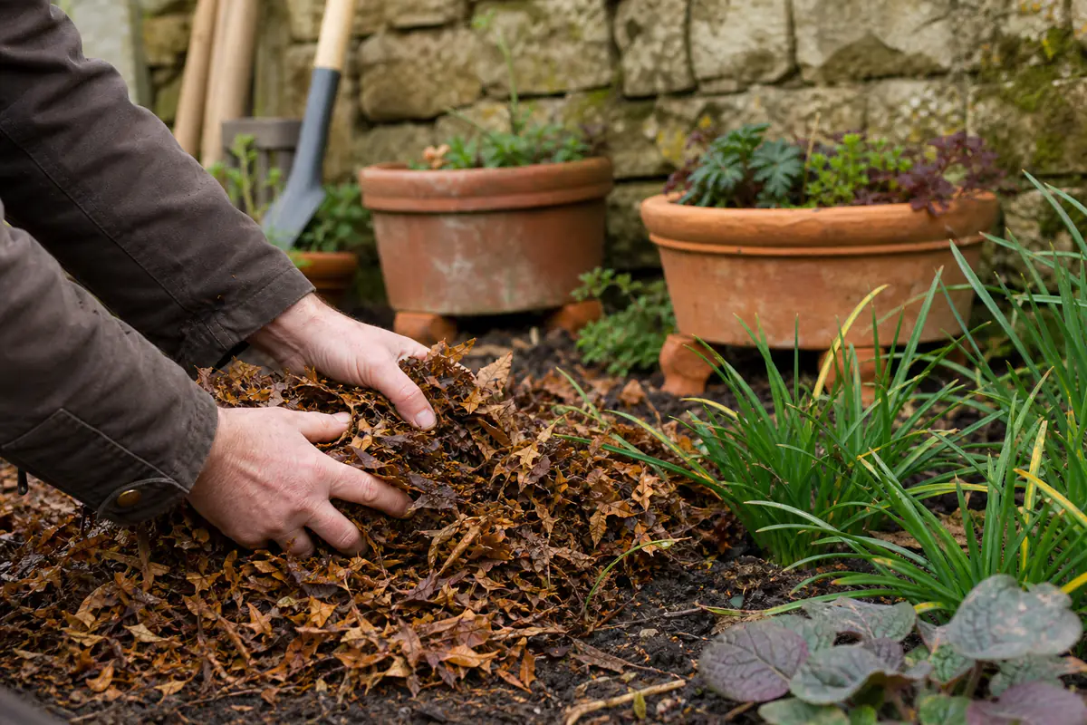 Jardin français en décembre avec feuilles compostées, paillage au pied des vivaces et pots protégés