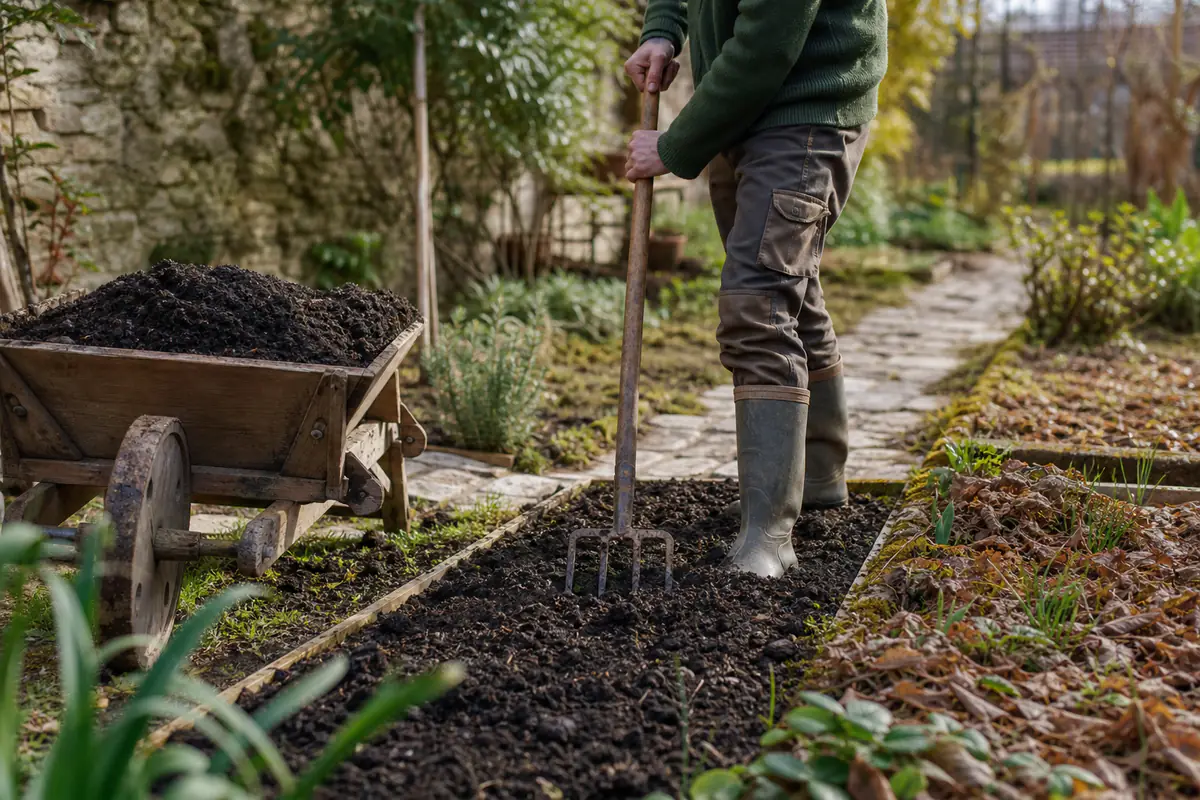 Jardinier aérant doucement une planche potagère en mars avec une fourche dans une terre ressuyée et paillée