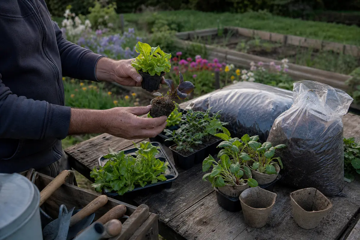 Jardinière choisissant de jeunes plants et du terreau sur une table en bois dans un jardin familial