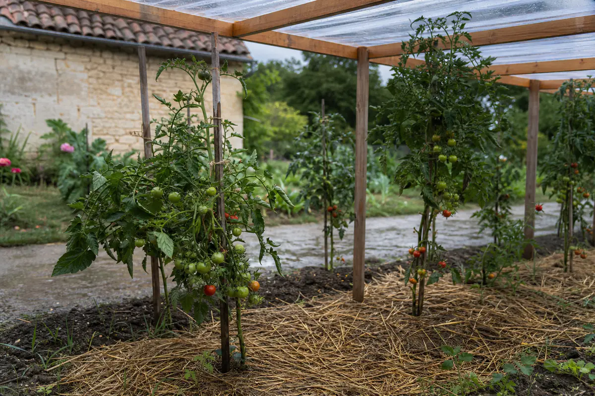 Plants de tomates tuteurés et espacés sous un toit transparent ouvert, avec feuillage sec après une pluie d’été