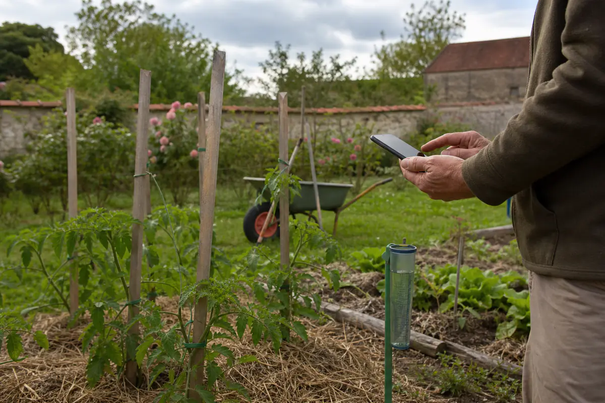 Jardinier observant les prévisions météo sur son téléphone devant un potager paillé et des jeunes plants tuteurés