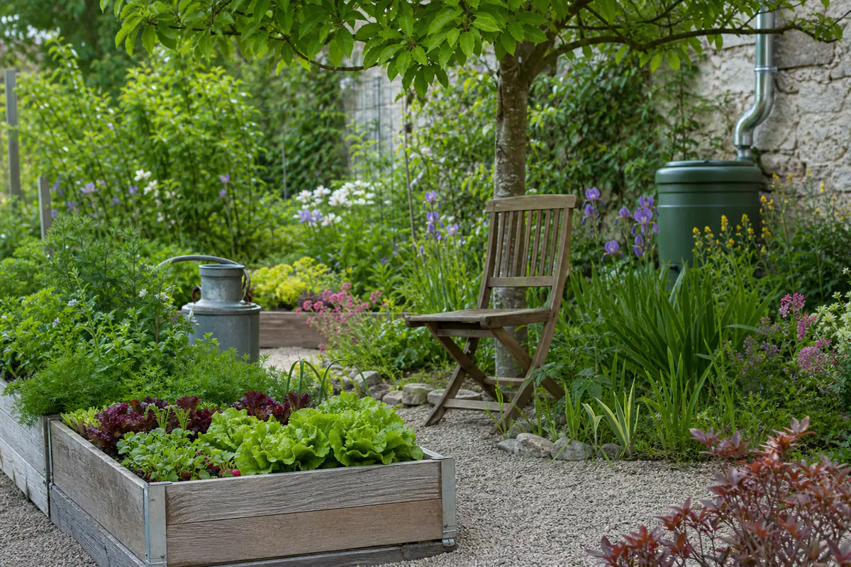 Jardin familial au printemps avec potager, fauteuil sous un arbre et fleurs favorables aux pollinisateurs