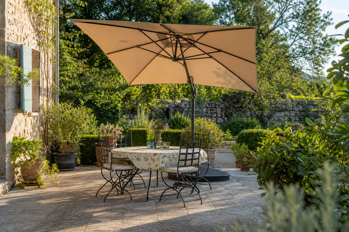 Parasol droit inclinable écru ombrageant une table ronde sur une terrasse française végétalisée en été