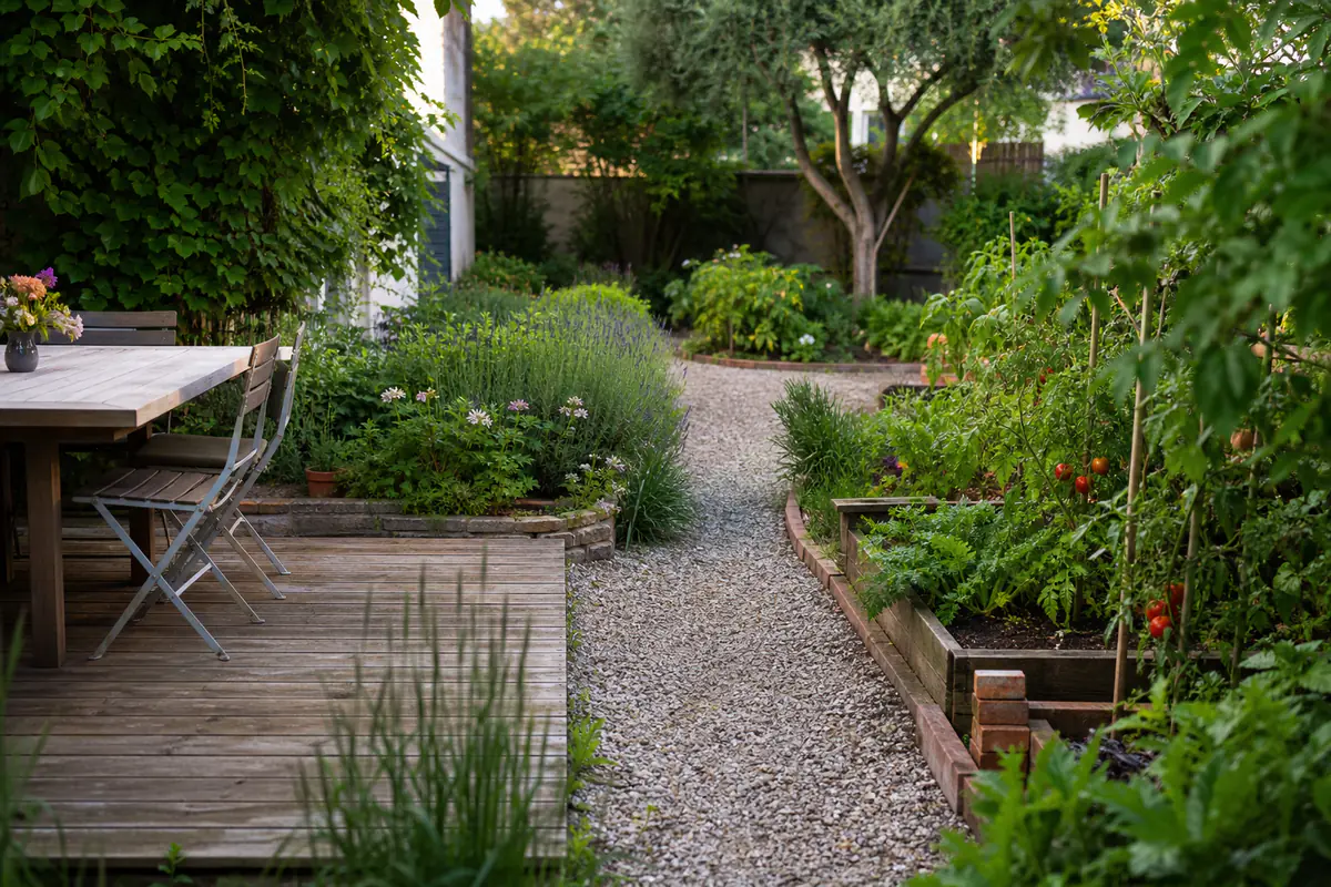 Jardin français aménagé avec terrasse en bois, chemin de gravier, potager surélevé et coin repas végétalisé