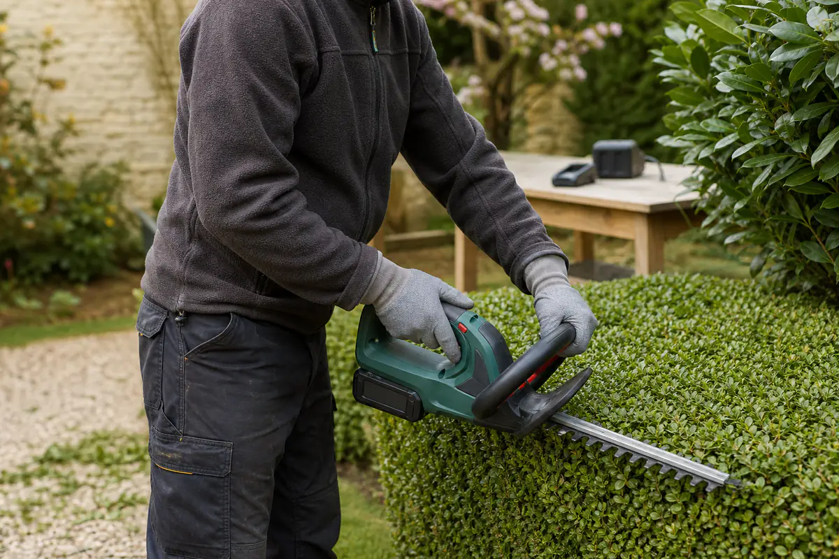 Jardinier utilisant un taille-haie sans fil dans un jardin français, avec batteries et outils rangés à proximité