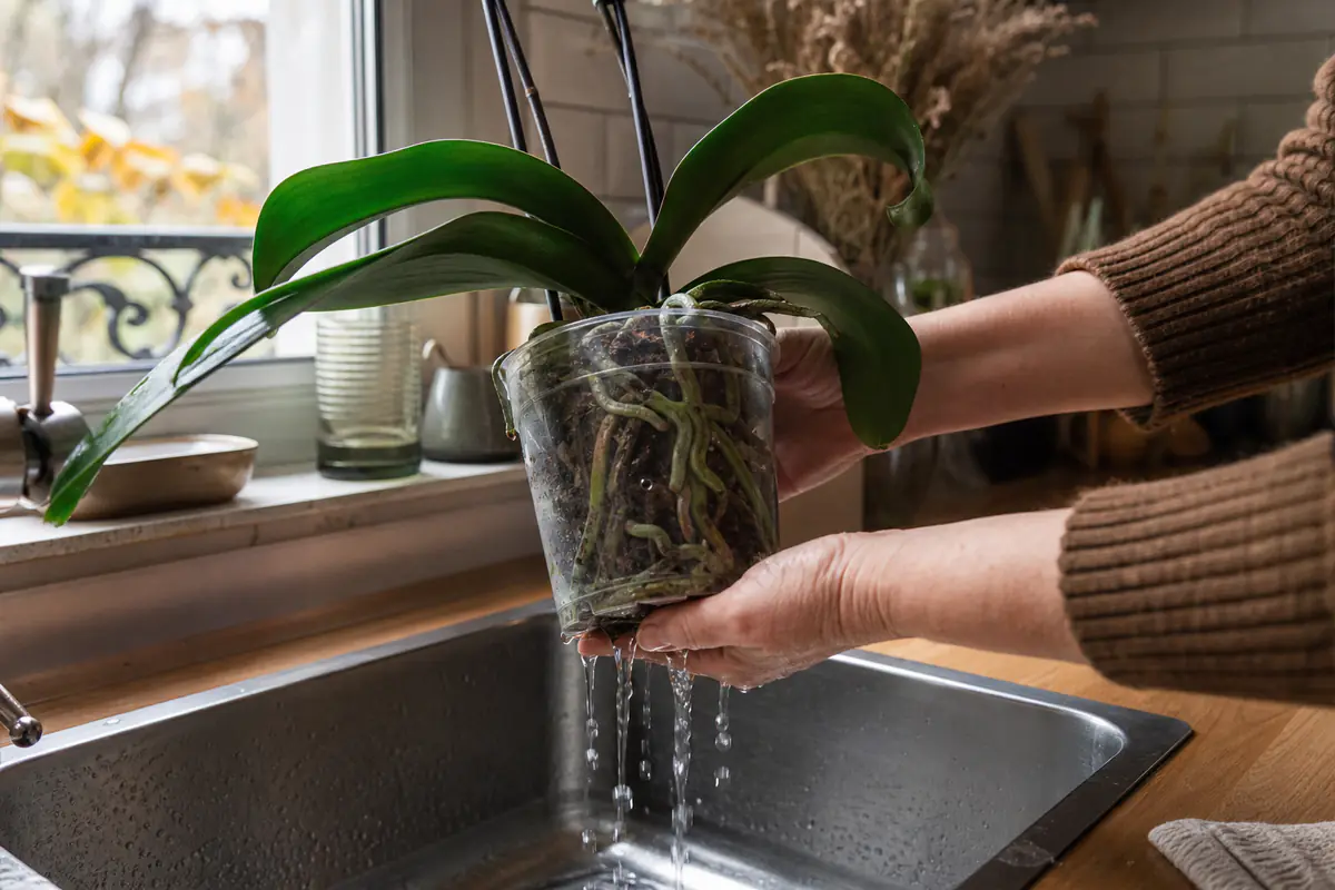 Orchidée Phalaenopsis en pot transparent près d’une fenêtre, racines visibles et substrat d’écorces drainé