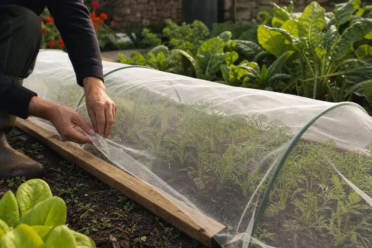 Rang de jeunes carottes couvert d’un filet anti-insectes fin dans un potager familial français