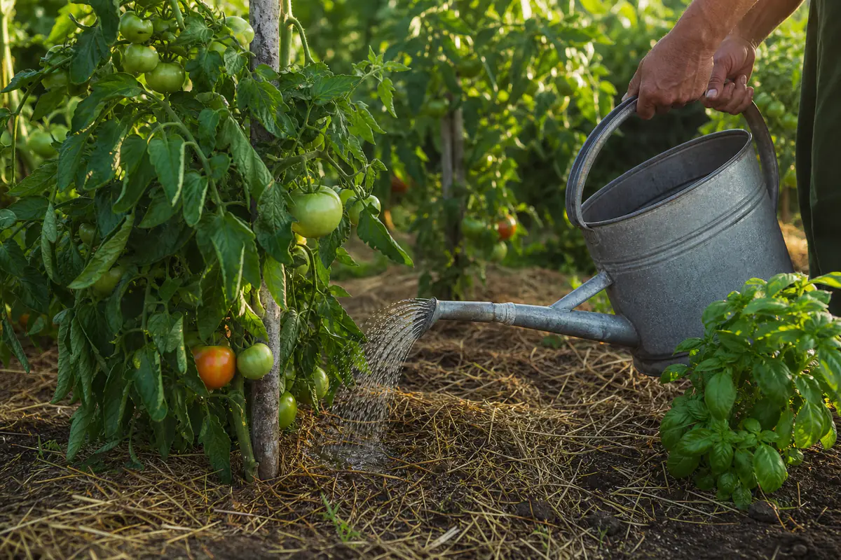 Jardinière arrosant lentement au pied de tomates paillées dans un potager français au lever du jour
