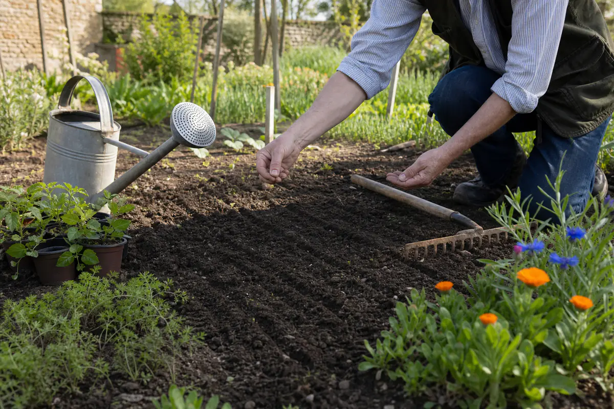 Jardinier semant des fleurs annuelles dans un massif ensoleillé, avec graines, râteau et arrosoir fin