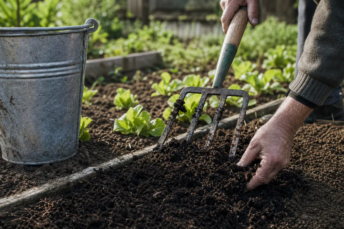 Épandage de compost mûr à la fourche sur une planche de potager, avec un seau de dix litres posé au bord