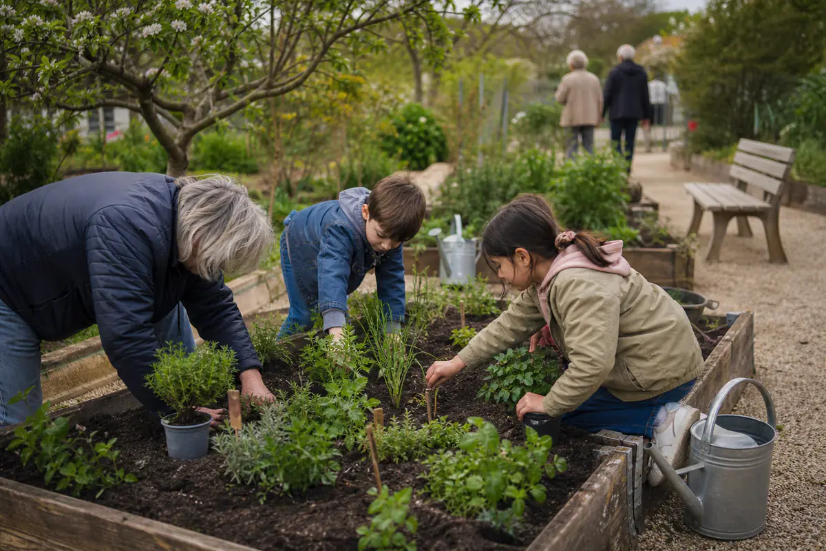 Enfants et retraités plantant des aromatiques ensemble dans des bacs surélevés d’un jardin partagé lumineux