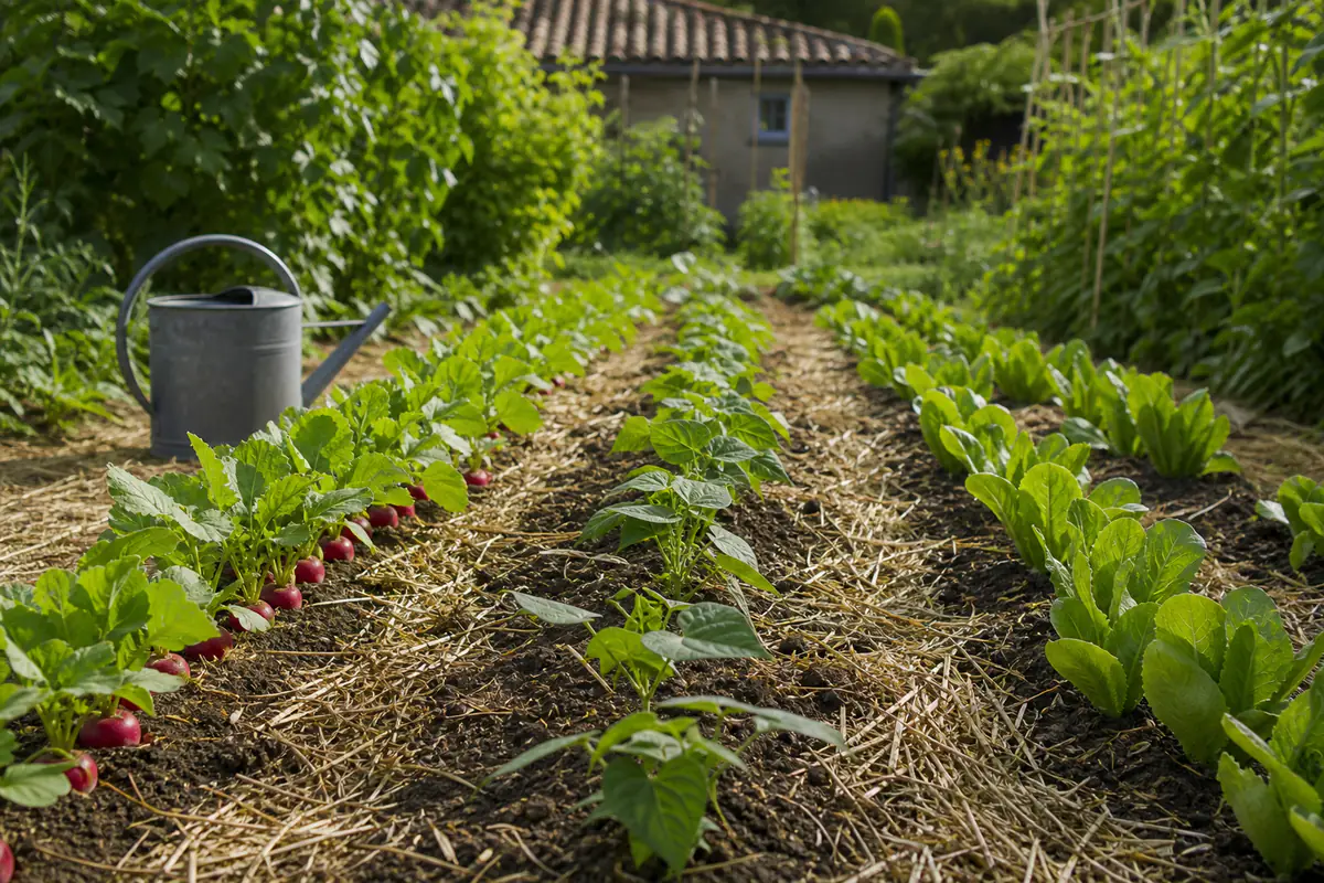 Jeunes rangs de radis, haricots nains et chicorées semés en juillet dans un potager français paillé