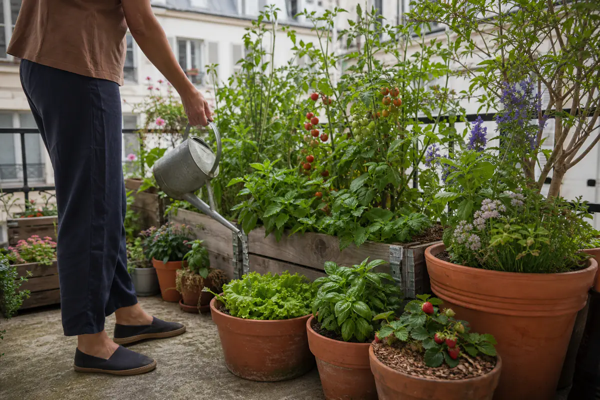 Balcon français végétalisé avec bacs de tomates, aromatiques et fleurs, arrosés à la lumière du matin