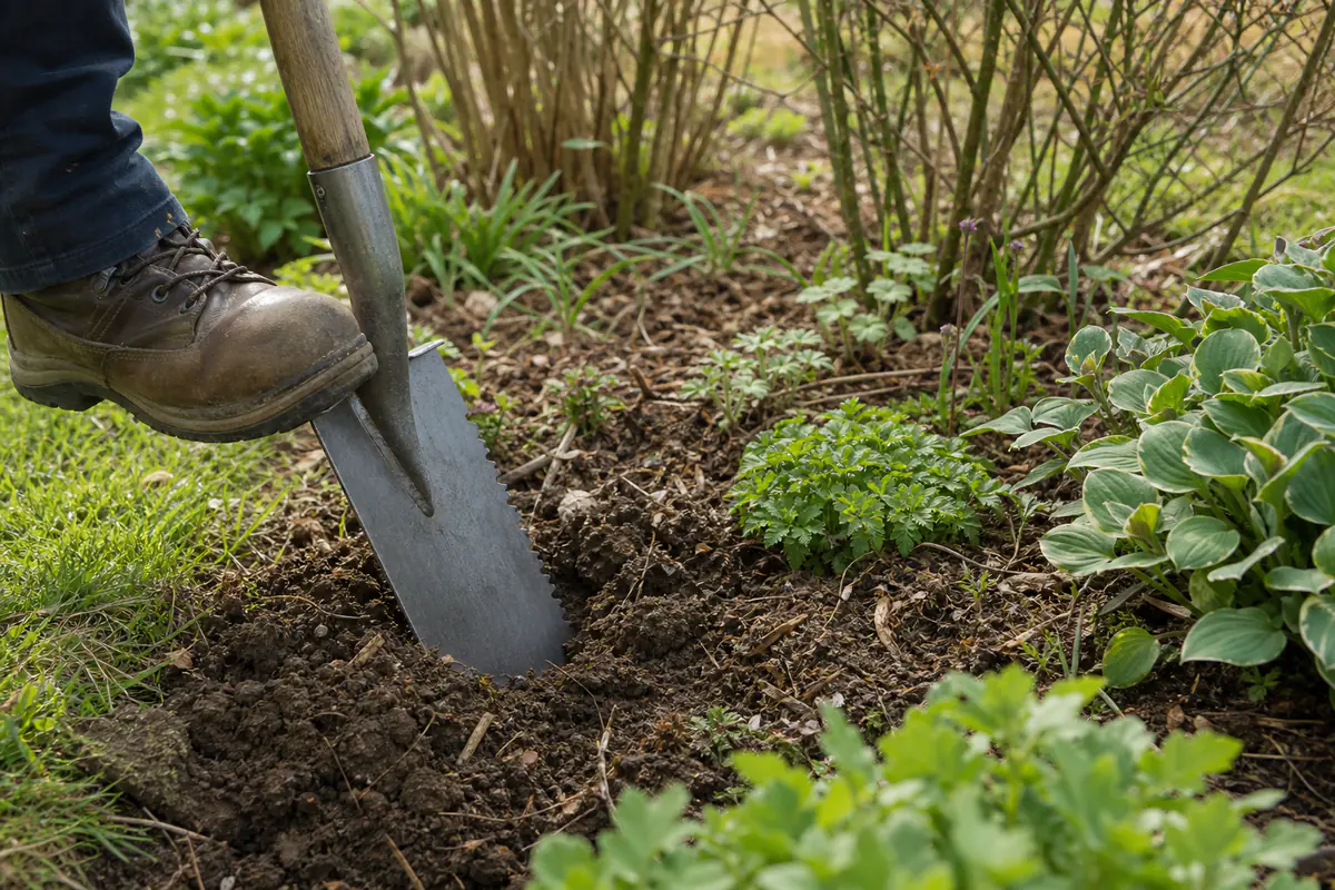 Pelle dentée en acier plantée dans un sol de jardin compact près d’une bordure de vivaces