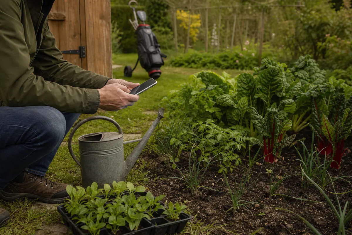 Jardinière consultant une prévision météo avant de semer dans un potager français baigné de lumière douce