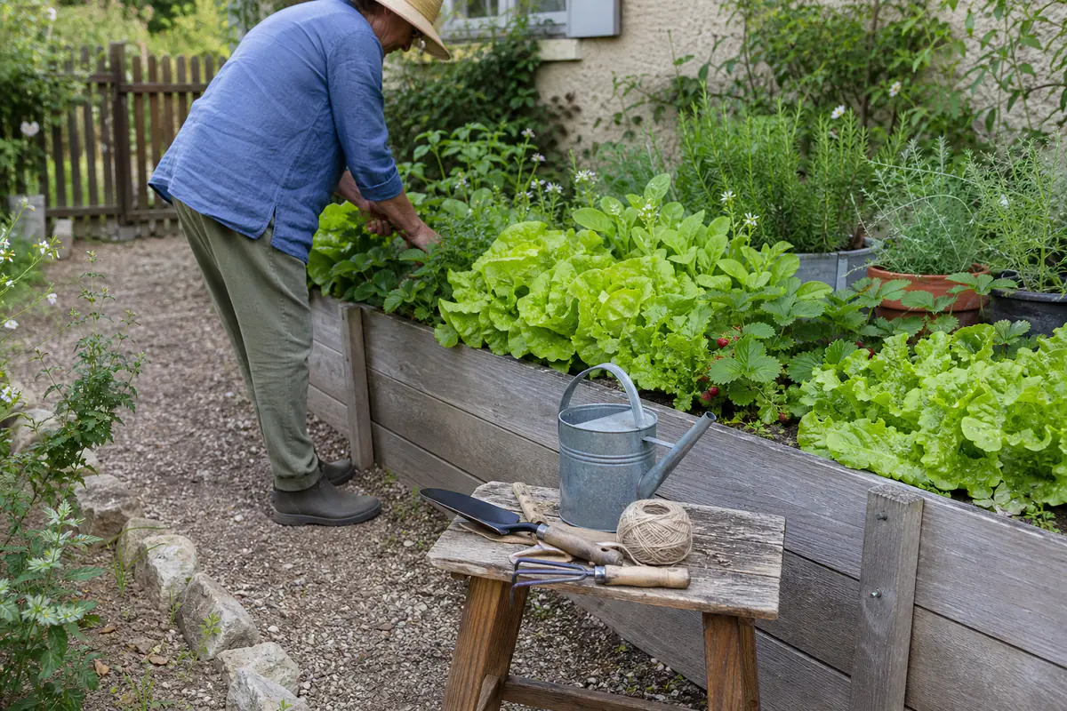 Jardinier centenaire travaillant calmement dans un potager surélevé, entouré d’aromatiques et d’outils légers.