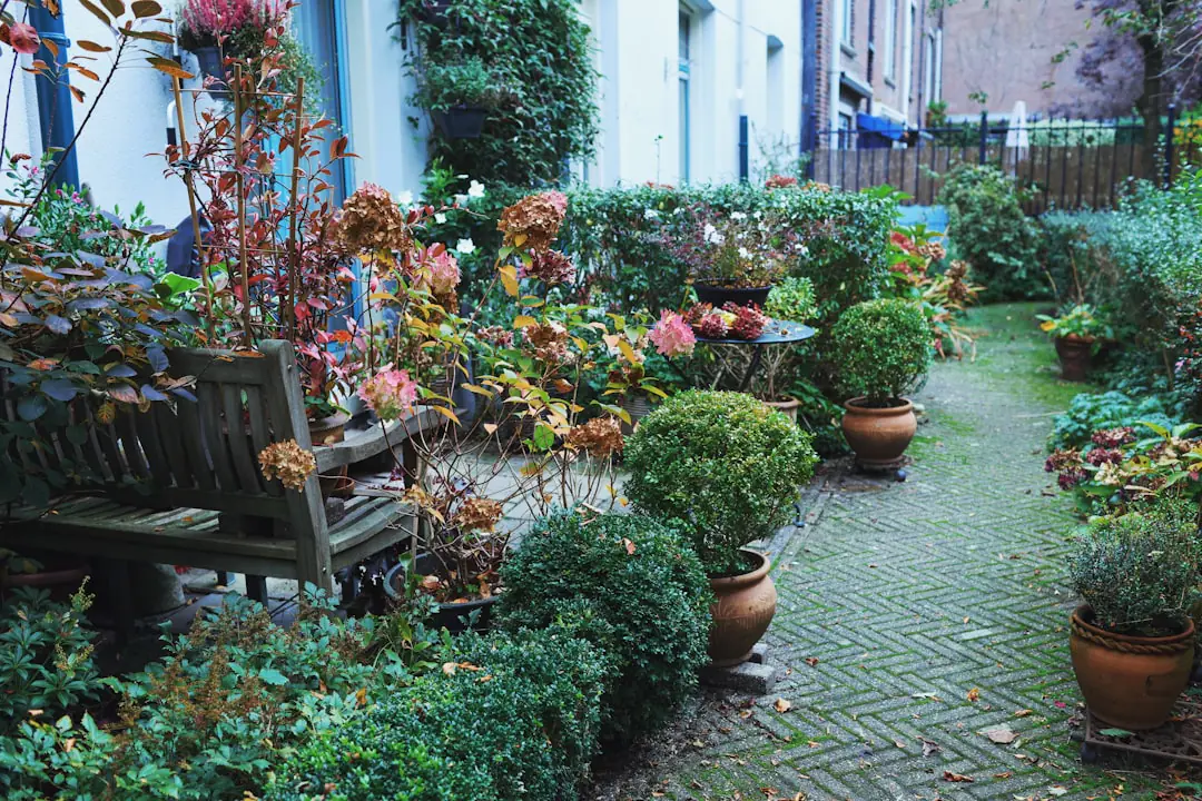 Jardin français aménagé avec chemin en gravier, massifs de vivaces, coin repas ombragé et récupération d’eau
