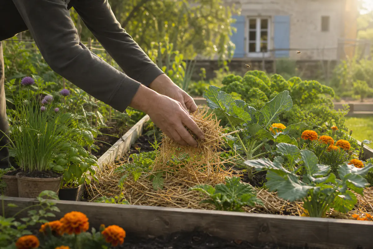 Jardinier paillant un carré potager au lever du jour, entouré de fleurs et d’insectes pollinisateurs