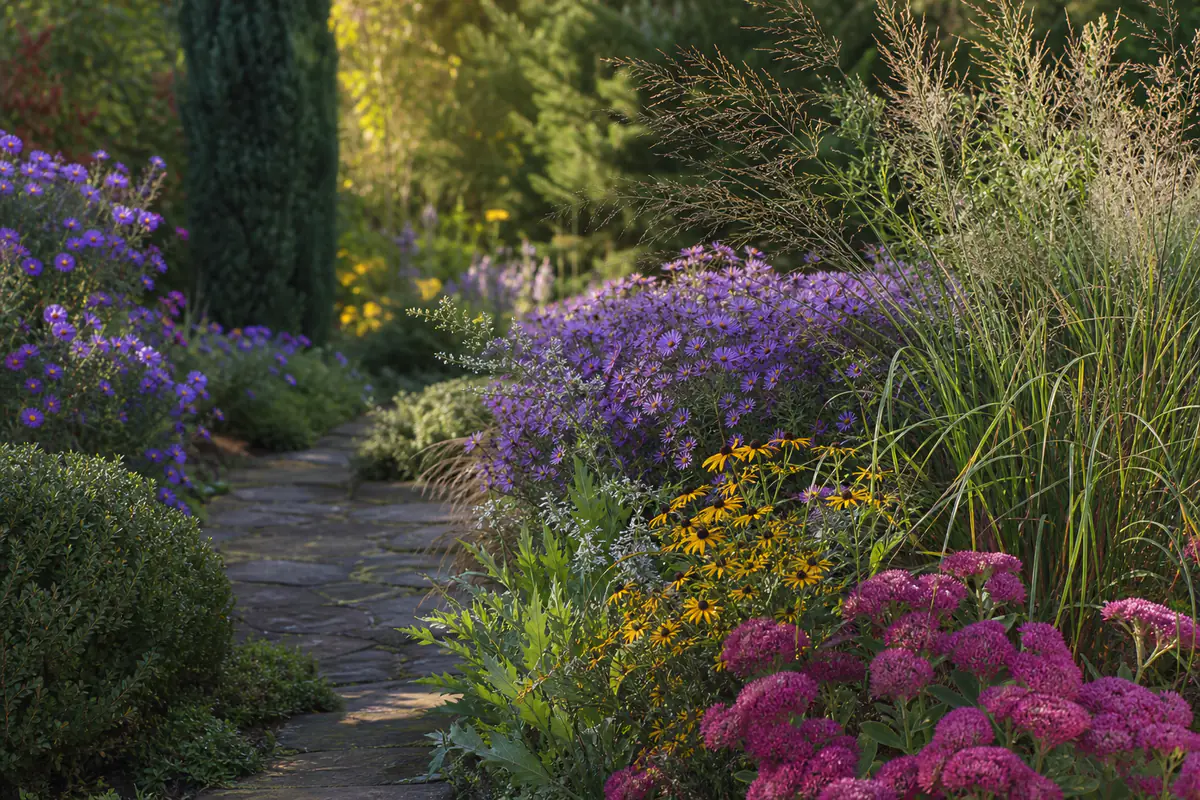 Massif français en septembre mêlant asters, orpins et graminées sous une douce lumière de fin d’après-midi