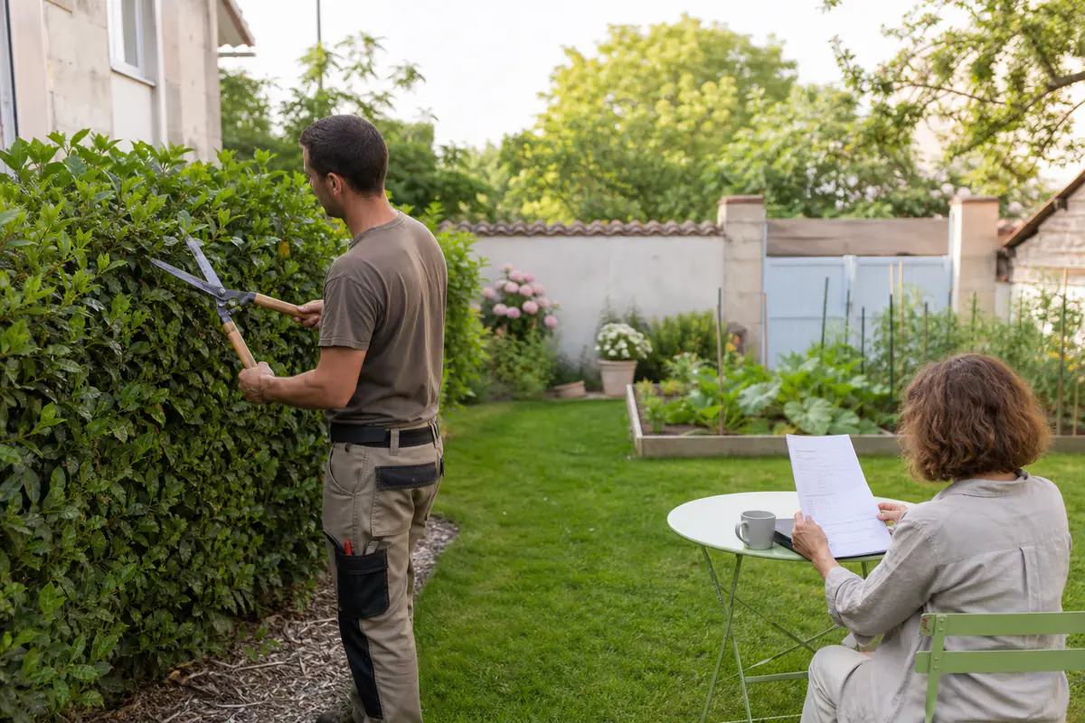 Jardinier entretenant une haie dans un jardin familial français, avec pelouse, outils manuels et paillage au sol.