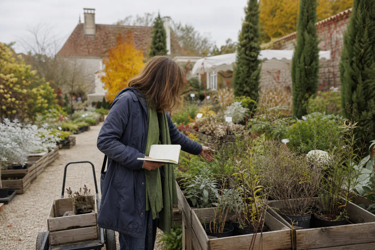 Visiteur choisissant des vivaces en pot lors d’une fête des plantes d’automne, avec chariot et carnet