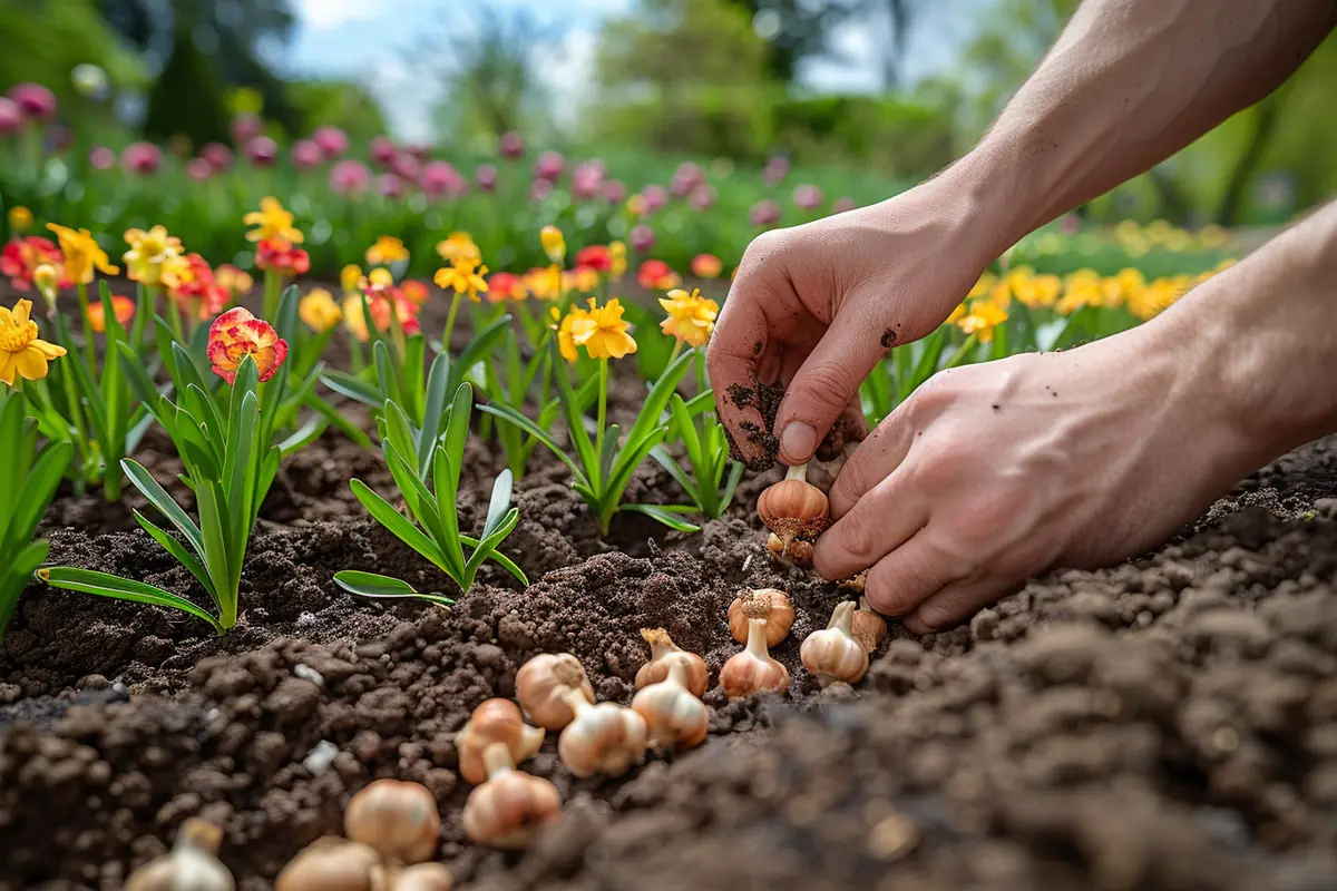 Plantation de bulbes de tulipes dans un massif de jardin, avec plantoir et bulbes disposés en groupe