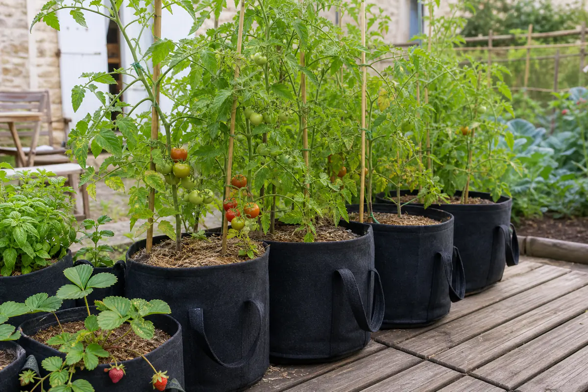 Alignement de sacs de culture noirs à anses, garnis de tomates et d’aromatiques sur une terrasse française