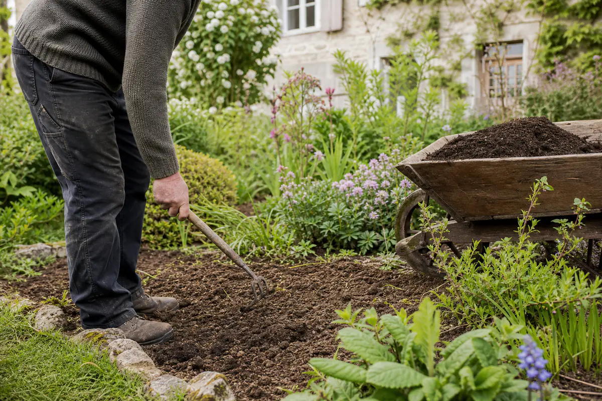 Jardinier préparant une planche de potager au printemps avec compost, griffe et jeunes plants sous lumière douce