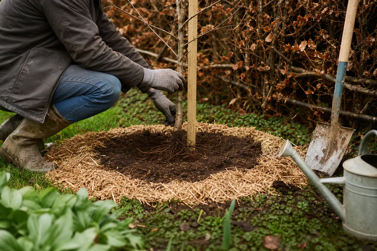 Jeune arbre fruitier à racines nues planté dans un jardin français, tuteuré et paillé en automne