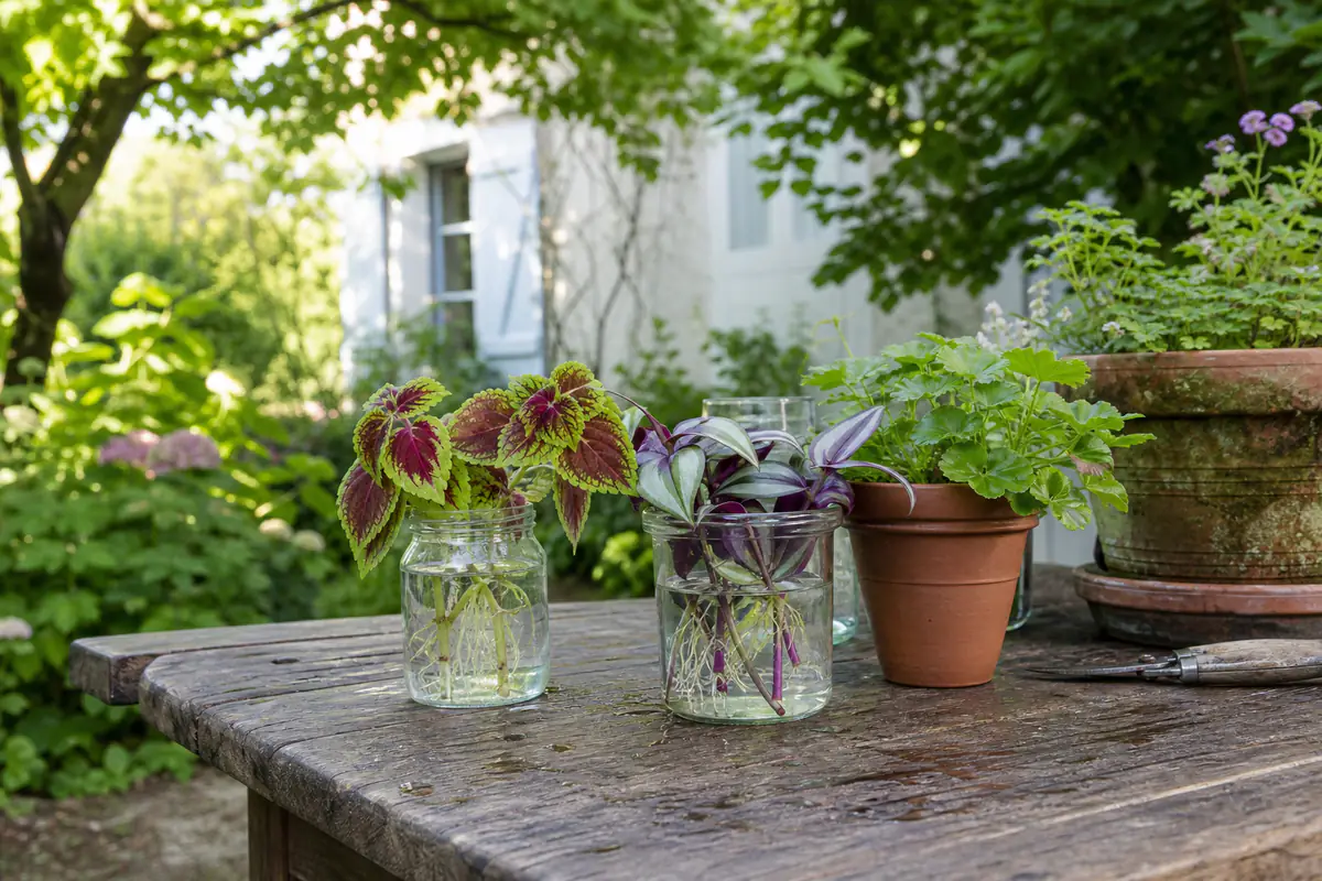 Bocaux transparents contenant des boutures de coléus et de misère aux racines blanches près d’une terrasse fleurie