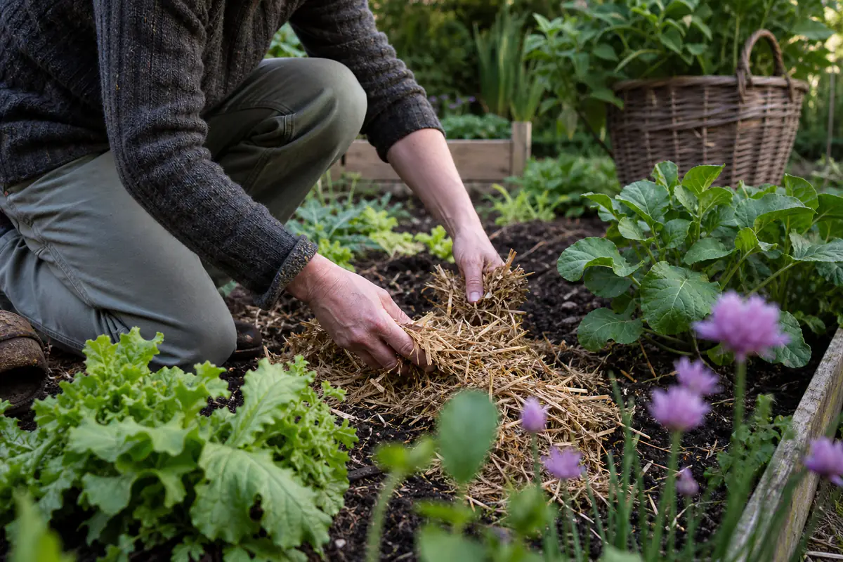 Jardinier agenouillé paillant un massif fleuri dans un jardin français lumineux et bien entretenu