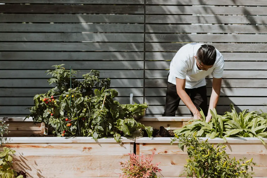 Visiteur consultant une étiquette de vivace et un plan de massif lors d’un salon du jardinage lumineux.