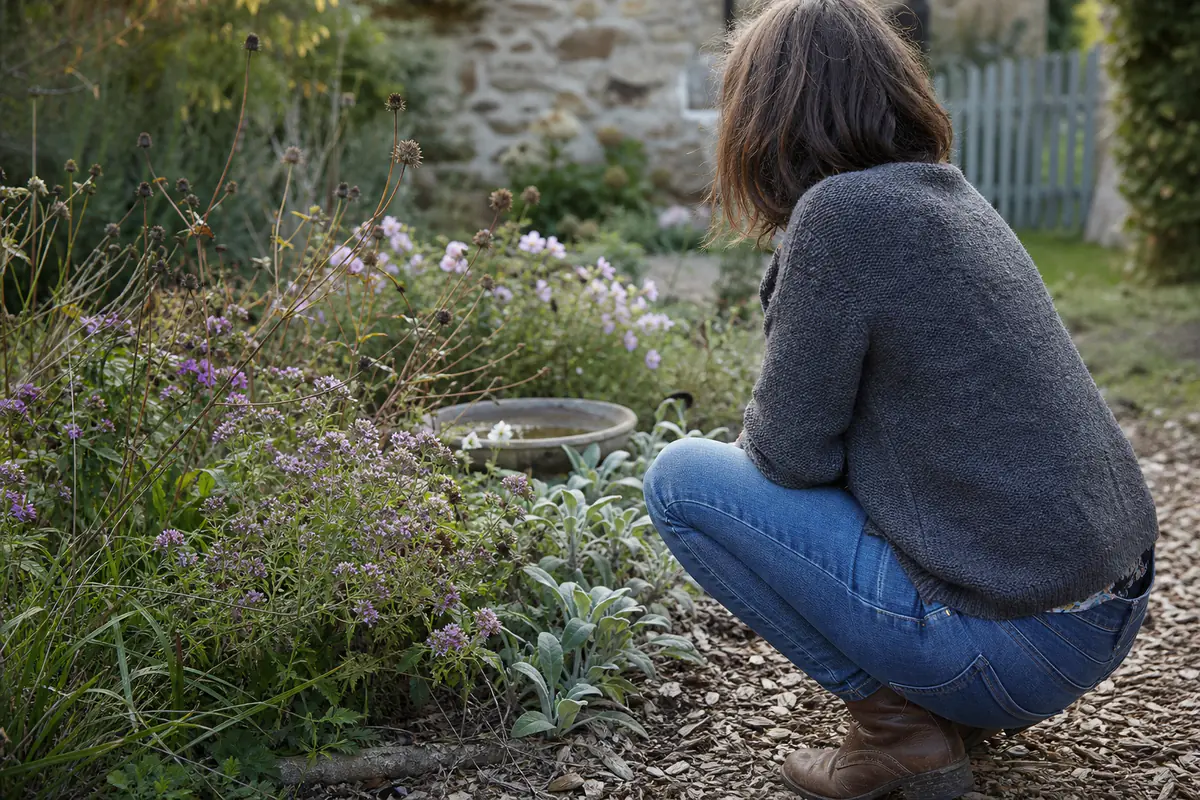 Jardin français naturel avec fleurs simples, paillage et adulte observant des pollinisateurs près d’un massif