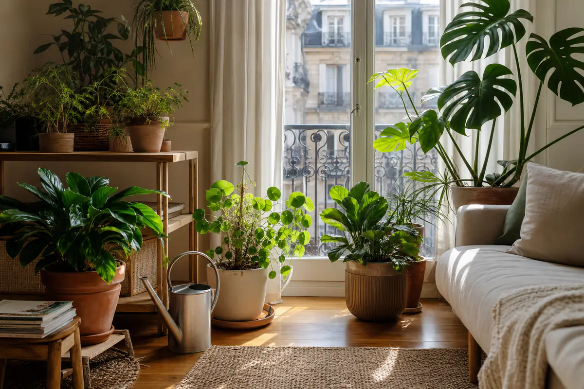 Coin de jardin intérieur lumineux avec plantes vertes variées, arrosoir et pots en terre cuite près d’une fenêtre