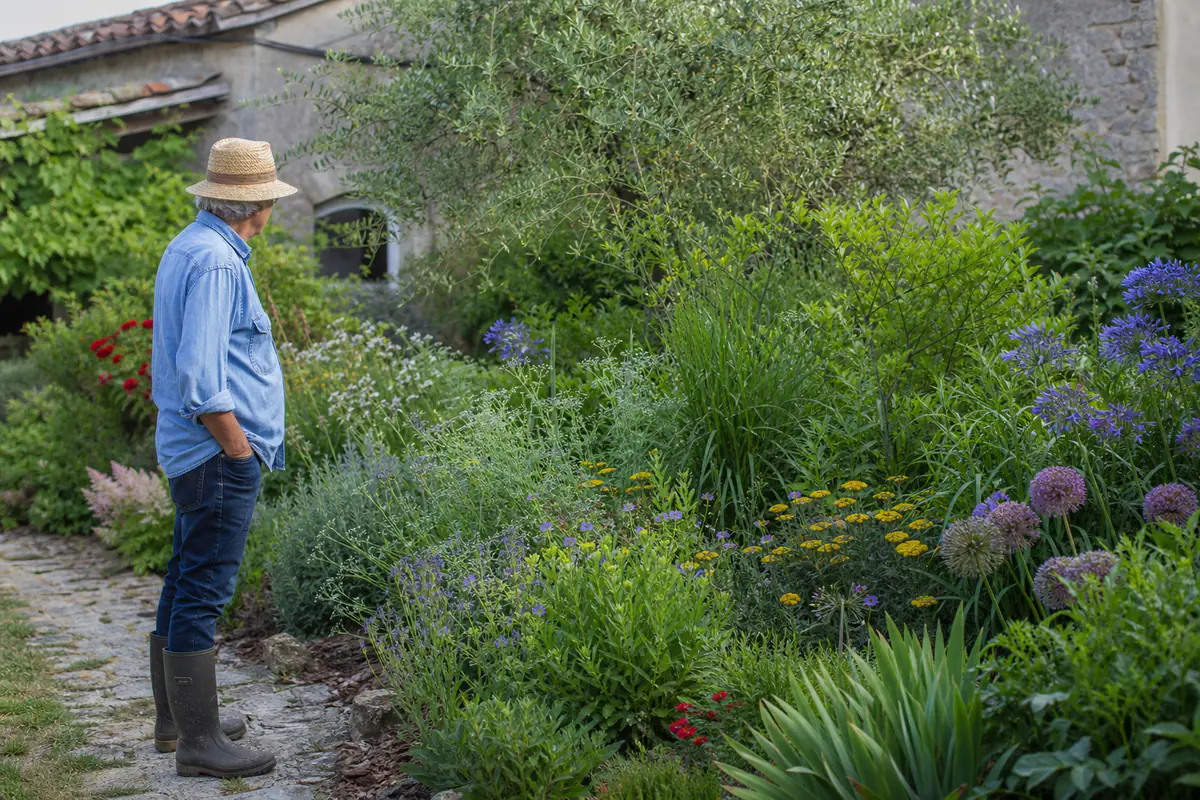Jardinier observant un massif fleuri et paillé, mêlant vivaces, arbustes et fleurs pour pollinisateurs