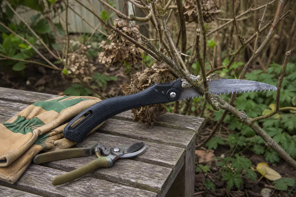 Scie pliante noire ouverte sur une branche sèche dans un jardin français, avec gants et sécateur posés à côté