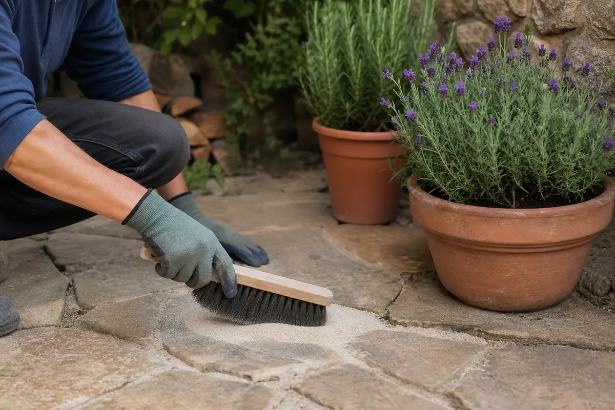 Main gantée versant du sable dans les joints secs de pavés près de pots fleuris sur une terrasse française