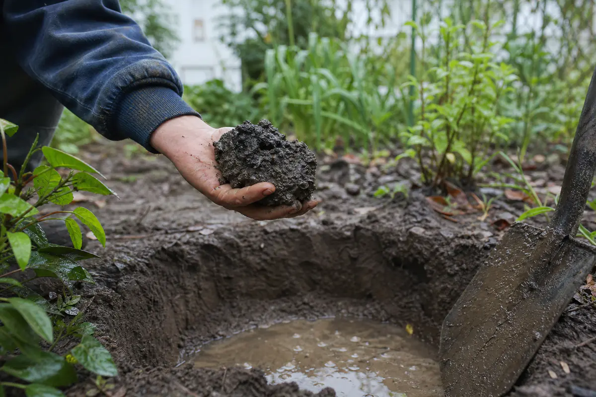 Main tenant une motte de terre sombre et détrempée dans un jardin français, sol gorgé d'eau après la pluie