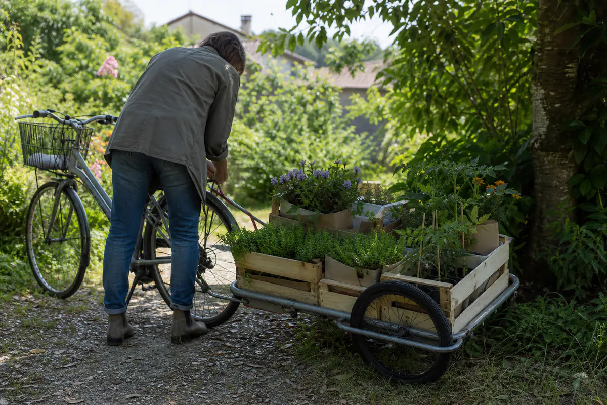 Vélo chargé de caisses de plantes en pot et de jardinières, arrêté à l’ombre dans un jardin français.