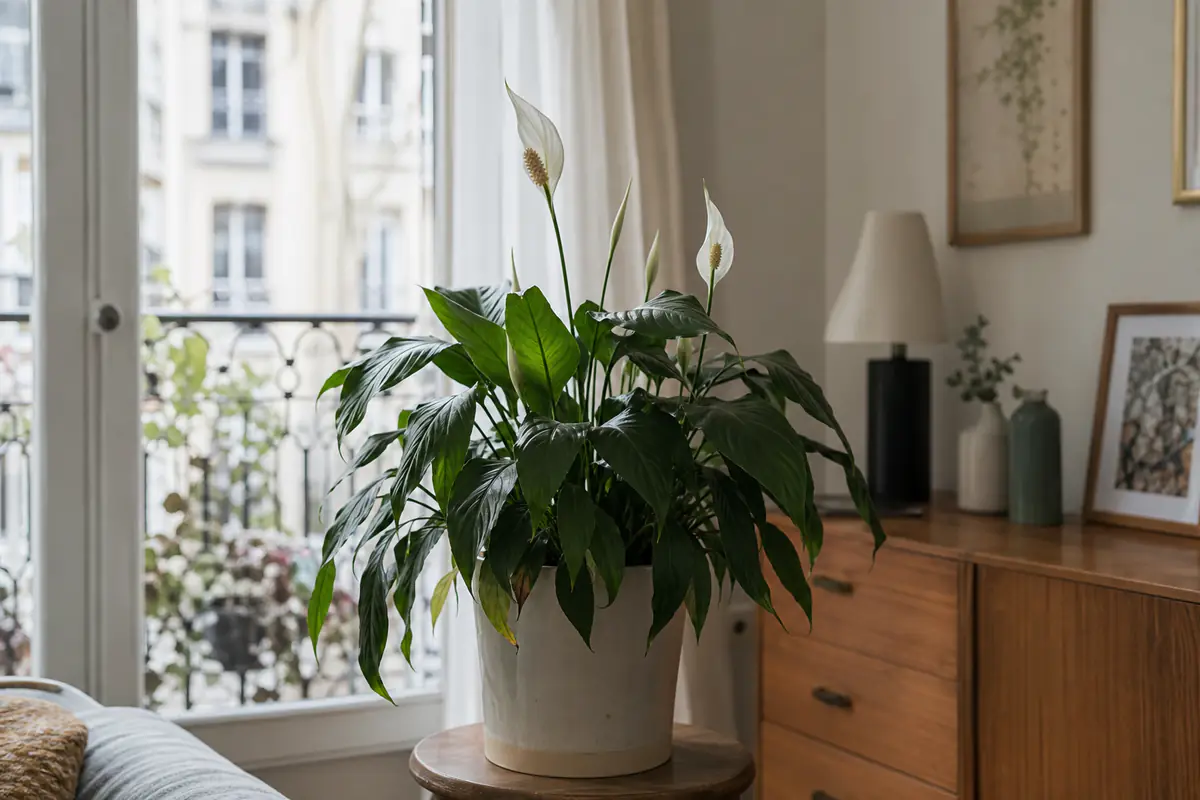 Spathiphyllum aux feuilles légèrement affaissées posé près d'une fenêtre dans un intérieur français