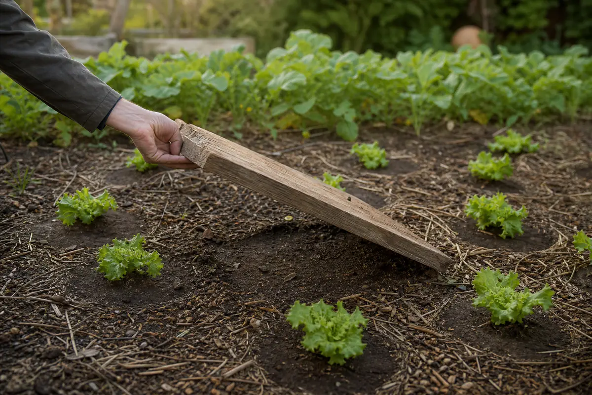 Jeunes salades protégées par une zone sèche, avec planche-refuge contrôlée au potager après la pluie