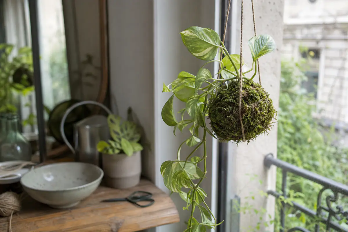 Kokedama de pothos suspendu près d’une fenêtre, boule de mousse verte et feuillage retombant lumineux